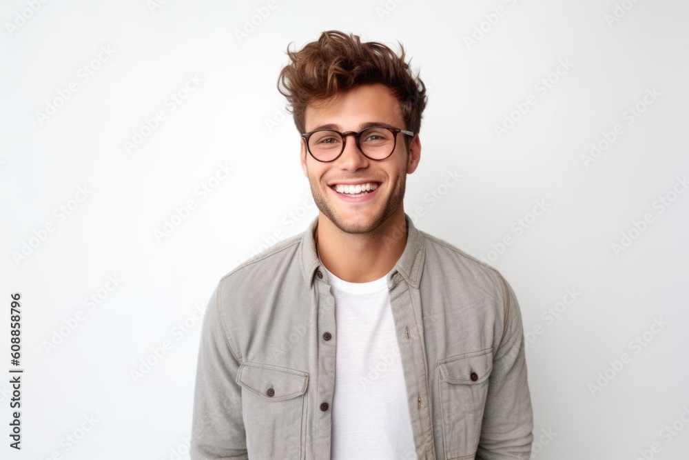 Portrait of a smiling young man in eyeglasses standing over white background Portrait of a smiling young man in eyeglasses standing over white background