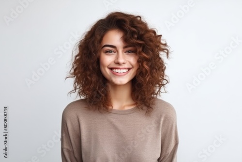 Portrait of beautiful young woman with curly hair smiling at camera over white background