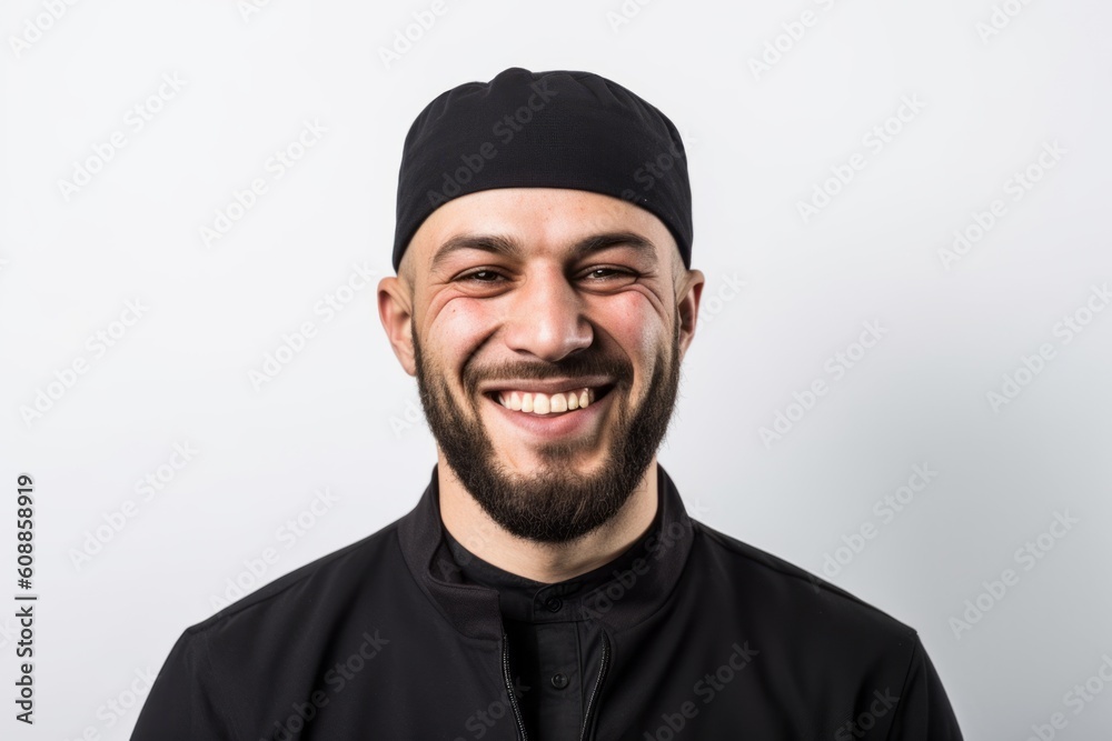 Portrait of a smiling chef in black uniform on a white background Portrait of a smiling chef in black uniform on a white background