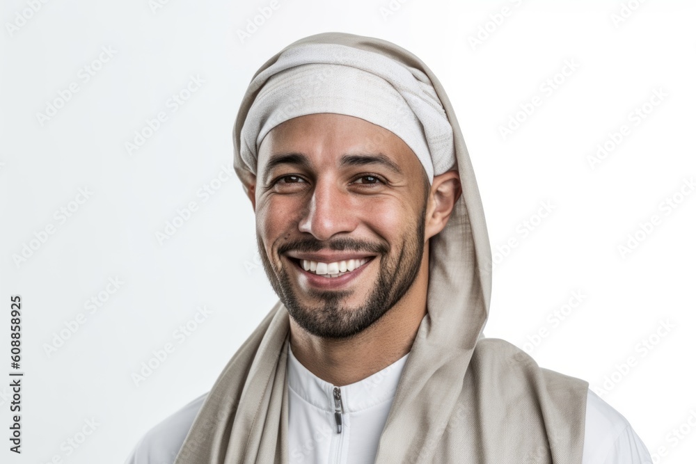 Portrait of smiling arabic man with headscarf over white background Portrait of smiling arabic man with headscarf over white background