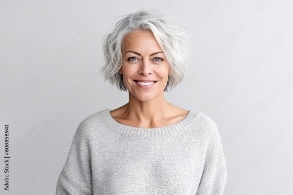 Portrait of a beautiful middle-aged woman with short grey hair smiling at the camera