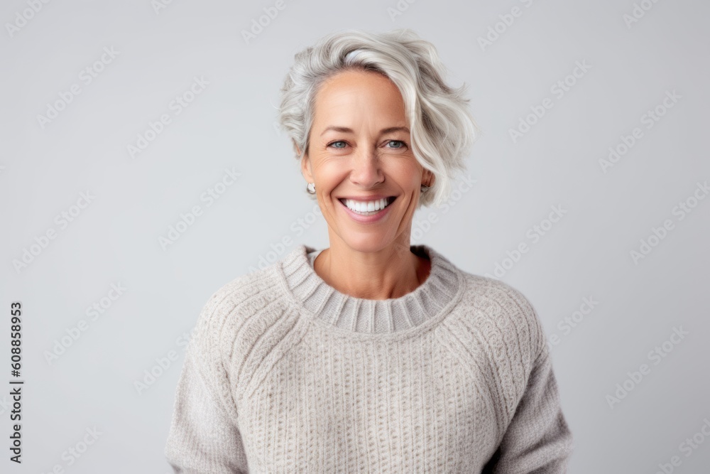 Portrait of beautiful mature woman with short grey hair and white smile