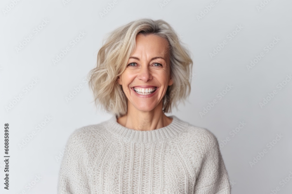 Medium shot portrait photography of a pleased woman in her 40s that is wearing a cozy sweater against a white background . Generative AI Medium shot portrait photography of a pleased woman in her 40s that is wearing a cozy sweater against a white background . Generative AI