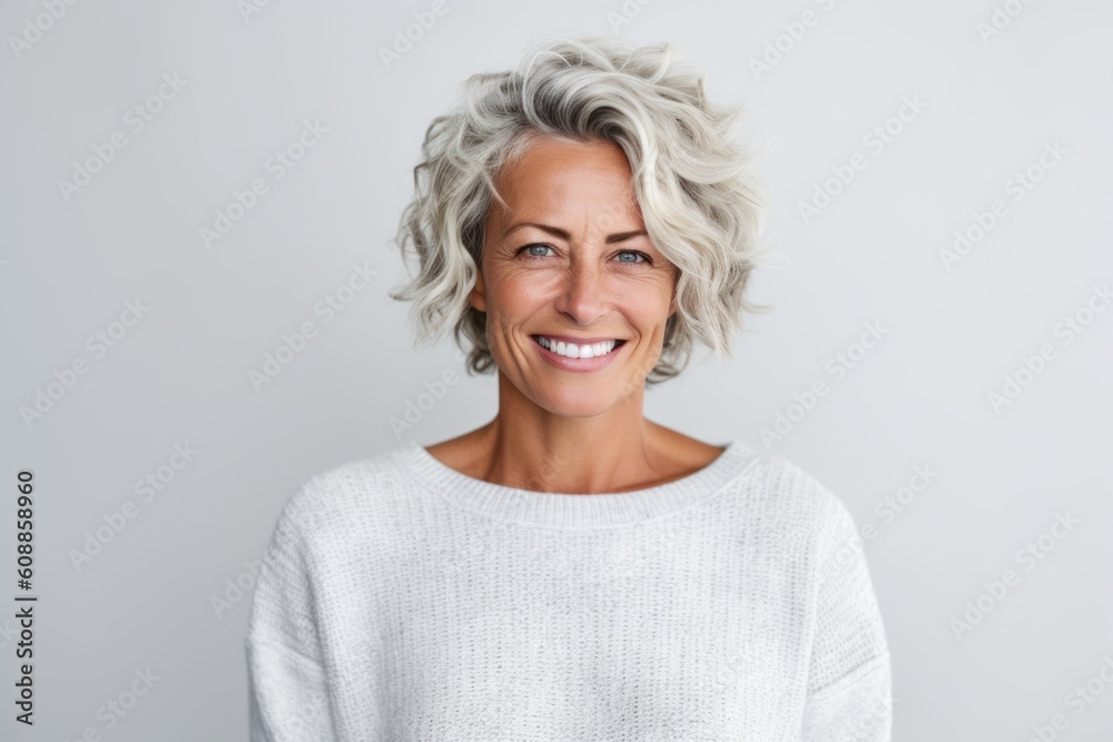Portrait of a smiling mature woman standing isolated on a white background