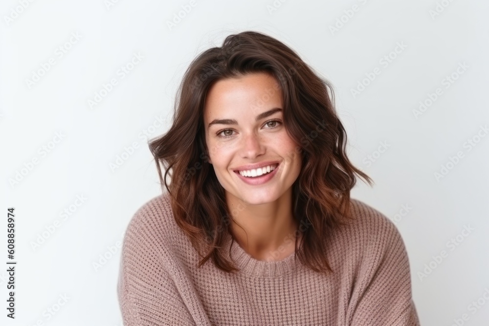 Portrait of a smiling young woman looking at camera over white background Portrait of a smiling young woman looking at camera over white background