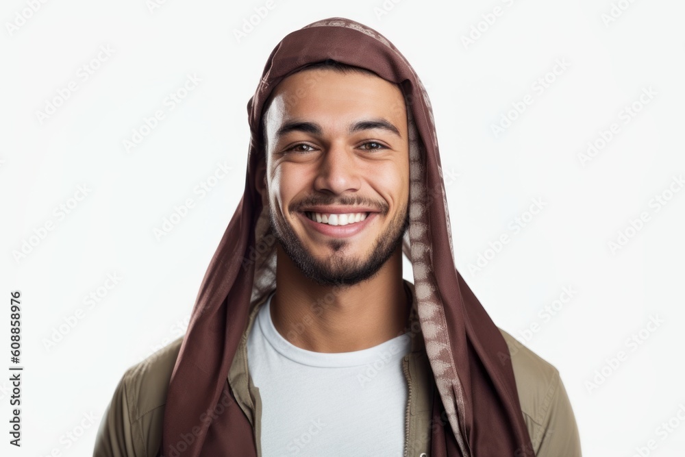 Portrait of smiling arabic man in scarf over white background Portrait of smiling arabic man in scarf over white background
