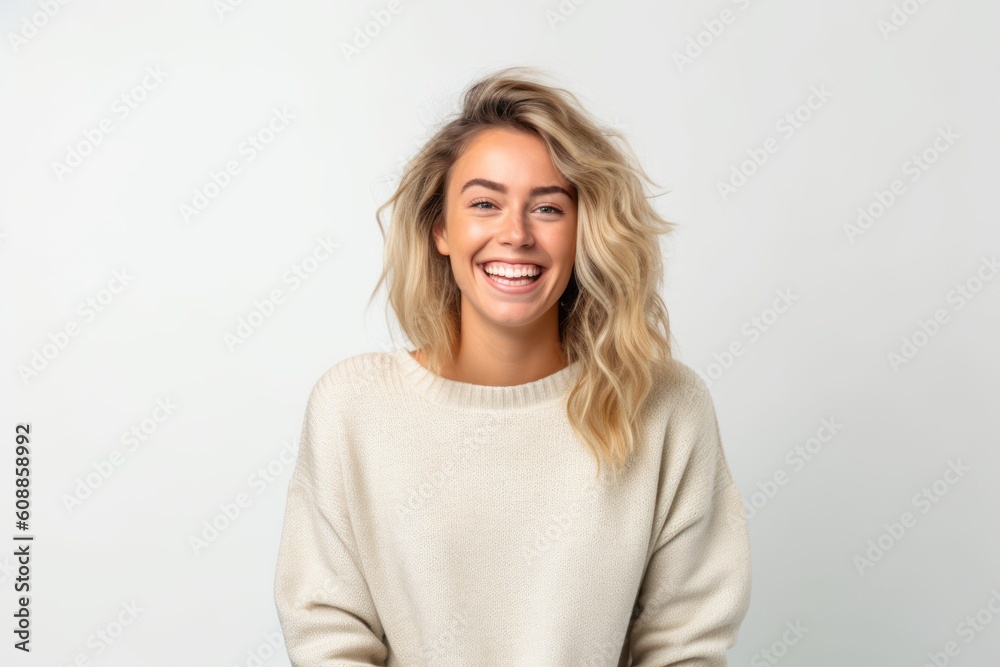 Portrait of a happy young woman laughing isolated on a white background