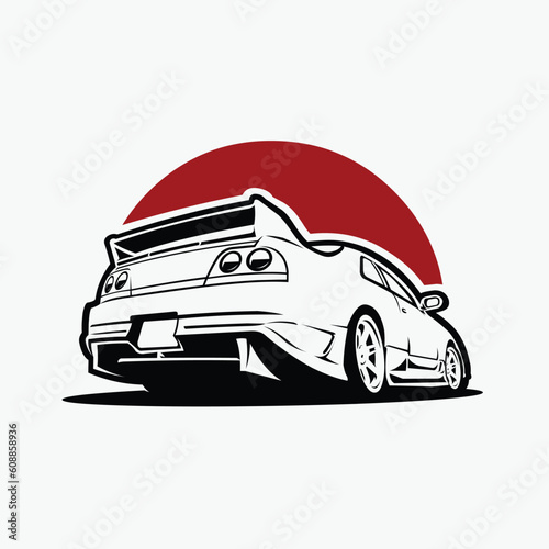 Premium Japanese Sport Car in Red Moon Background Vector Isolated. Best for JDM Tshirt and Sticker Design