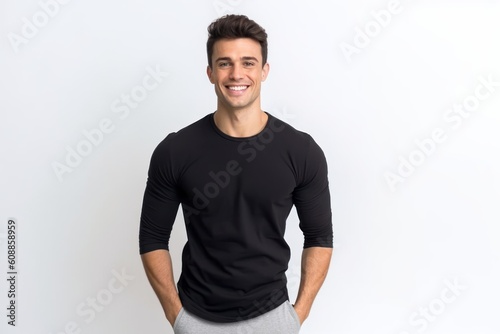 Portrait of handsome young man in black t-shirt smiling at camera
