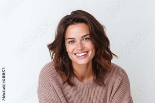 Portrait of a smiling young woman looking at camera over white background © Robert MEYNER