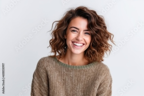 Portrait of a beautiful young woman laughing isolated on a white background