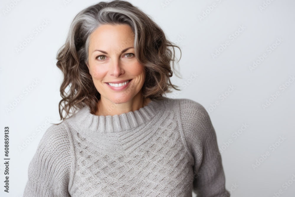 Portrait of a happy mature woman smiling at camera over white background Portrait of a happy mature woman smiling at camera over white background