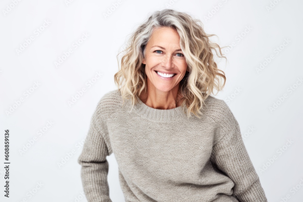 Portrait of a beautiful mature woman smiling at camera over white background Portrait of a beautiful mature woman smiling at camera over white background