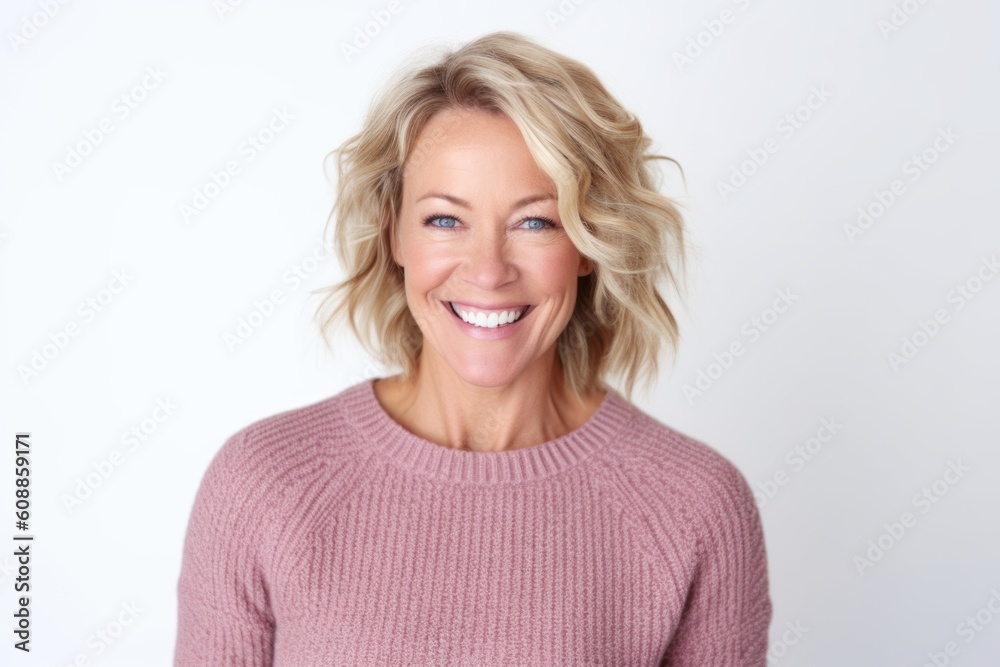 Portrait of a beautiful blond woman smiling at the camera over white background Portrait of a beautiful blond woman smiling at the camera over white background