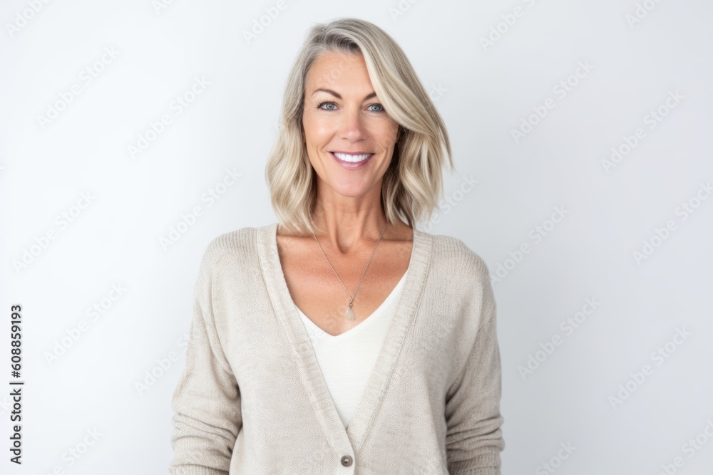 Portrait of beautiful mature woman smiling at camera while standing against white background Portrait of beautiful mature woman smiling at camera while standing against white background