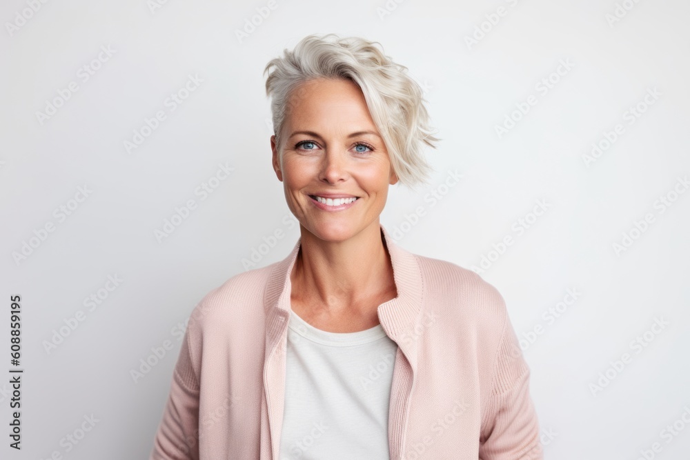 Portrait of smiling mature businesswoman looking at camera over white background