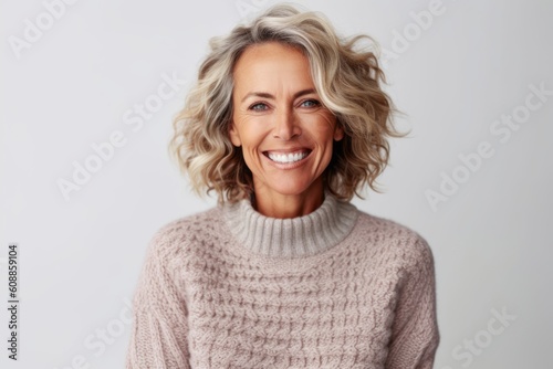 Portrait of happy mature woman smiling at camera while standing against white background