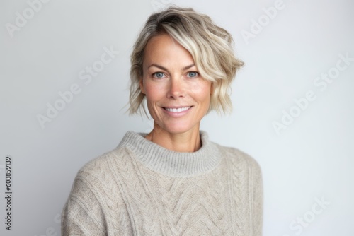 Group portrait photography of a tender woman in her 40s that is wearing a cozy sweater against a white background . Generative AI