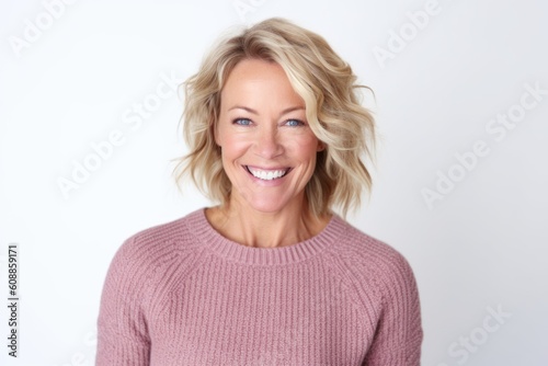 Portrait of a beautiful blond woman smiling at the camera over white background