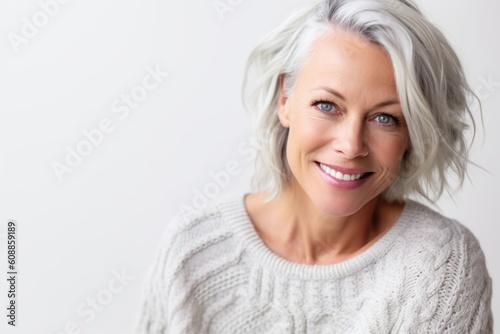 Portrait of a beautiful senior woman with grey hair smiling at the camera