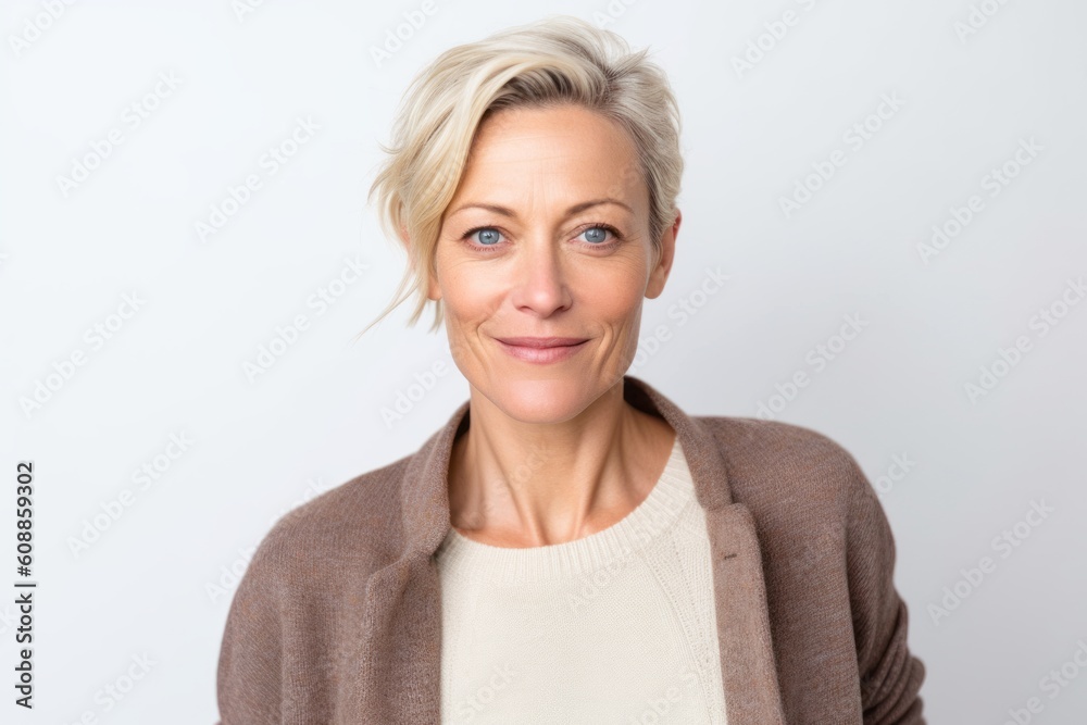 Portrait of a beautiful middle-aged woman with short blond hair. Portrait of a beautiful middle-aged woman with short blond hair.