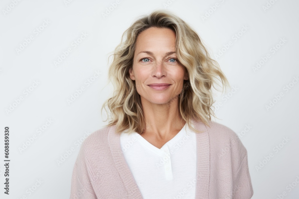 Medium shot portrait photography of a satisfied woman in her 40s that is wearing a chic cardigan against a white background . Generative AI Medium shot portrait photography of a satisfied woman in her 40s that is wearing a chic cardigan against a white background . Generative AI