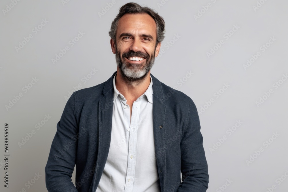 Portrait of a handsome mature man smiling and looking at camera over gray background Portrait of a handsome mature man smiling and looking at camera over gray background