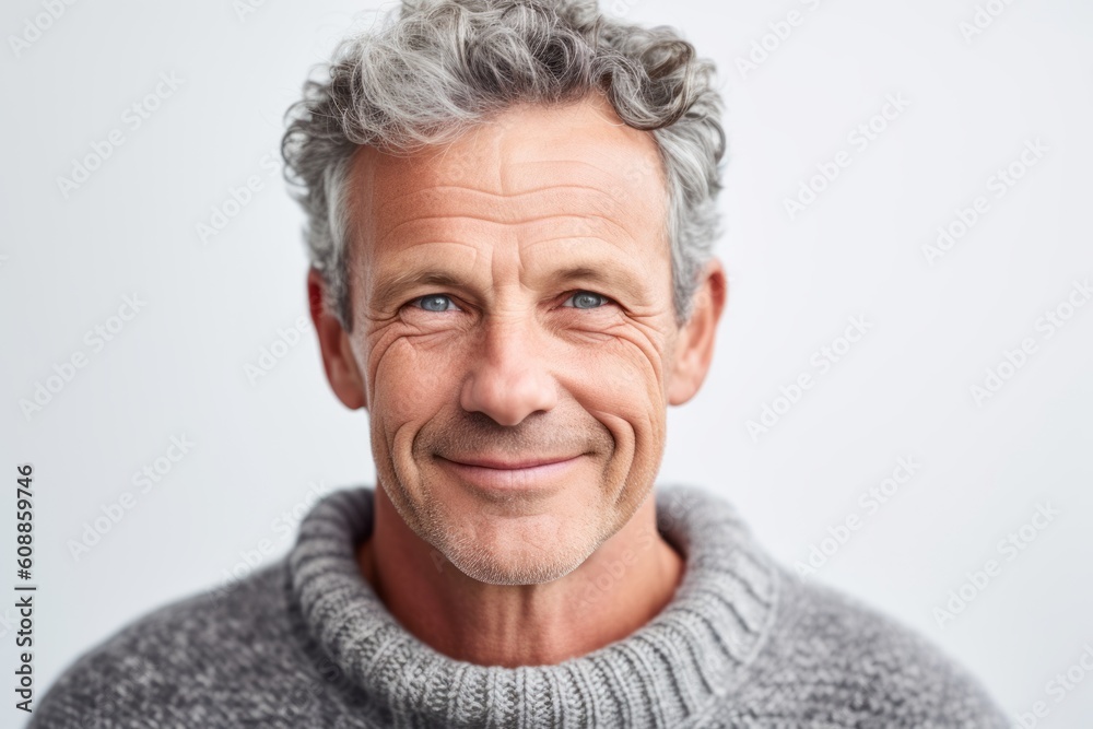 Portrait of smiling senior man in sweater over white background. Looking at camera