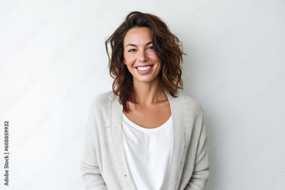 Portrait of a beautiful woman smiling at the camera while standing against white background