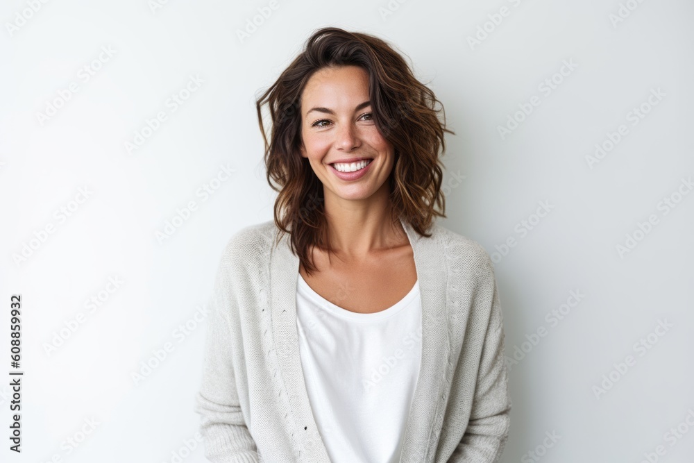 Portrait of a beautiful woman smiling at the camera while standing against white background Portrait of a beautiful woman smiling at the camera while standing against white background