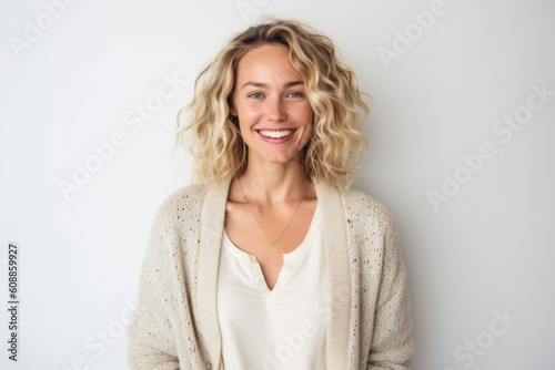 Portrait of a smiling young woman looking at camera over white background
