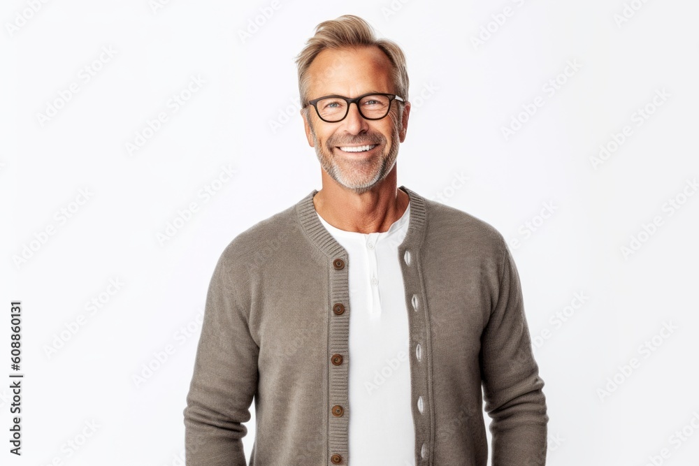 Portrait of smiling mature man in eyeglasses looking at camera over white background Portrait of smiling mature man in eyeglasses looking at camera over white background