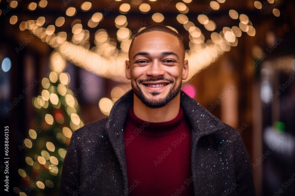 Portrait of a smiling young man at the christmas tree.
