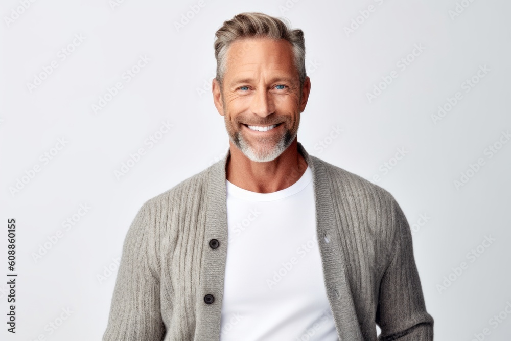 Handsome mature man smiling and looking at camera while standing against grey background