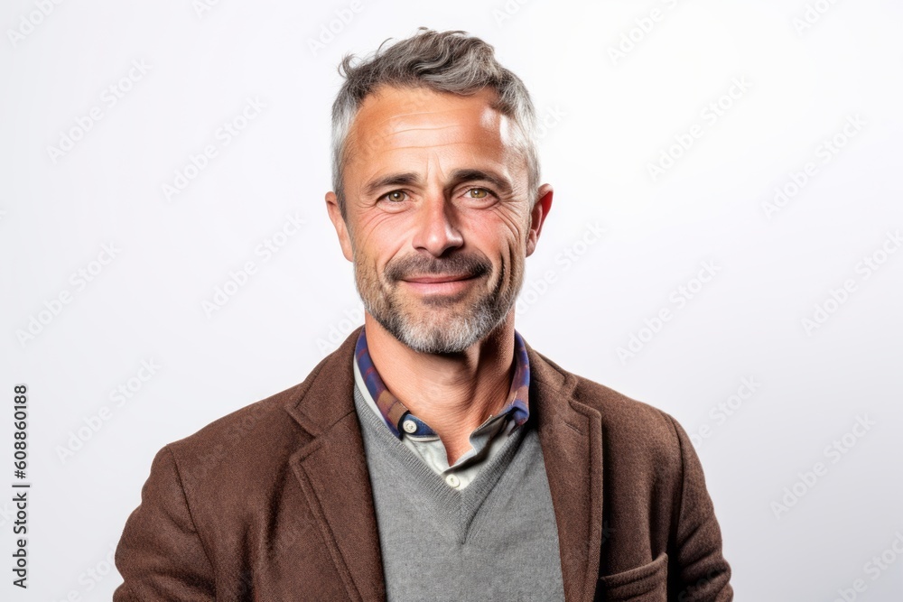 Handsome middle age man with grey hair and beard wearing a brown jacket on white background Handsome middle age man with grey hair and beard wearing a brown jacket on white background