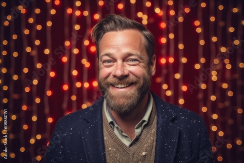 Portrait of a handsome man smiling on a background of Christmas lights