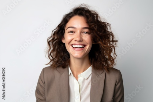 Portrait of a beautiful young business woman smiling on a white background