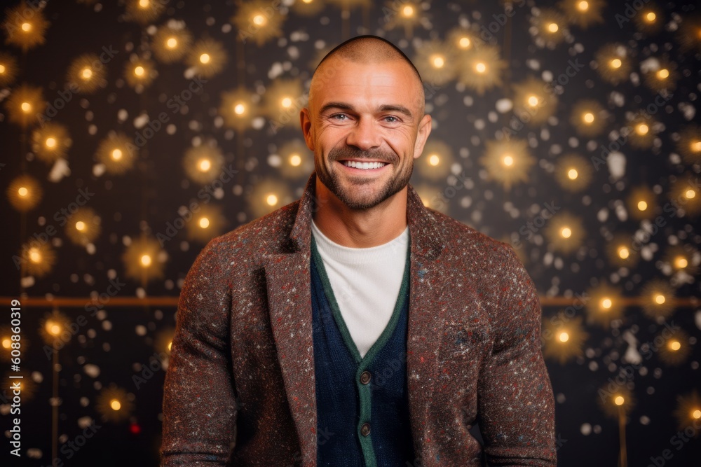Portrait of a handsome young man in a jacket on a background of Christmas lights Portrait of a handsome young man in a jacket on a background of Christmas lights