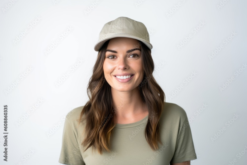 Portrait of a smiling young woman wearing cap over white background.