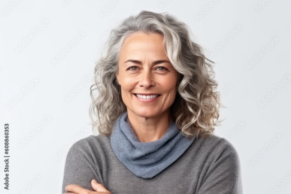 Portrait of a happy mature woman smiling at camera isolated on a white background Portrait of a happy mature woman smiling at camera isolated on a white background