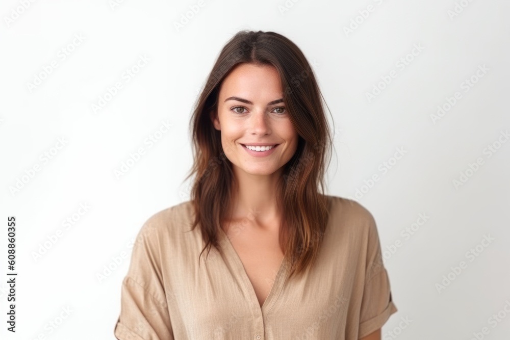 Portrait of a smiling young woman looking at camera against white background Portrait of a smiling young woman looking at camera against white background