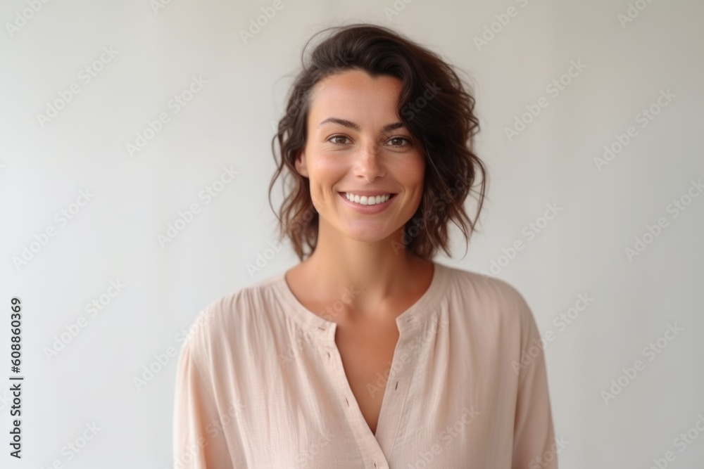 Portrait of beautiful young woman smiling and looking at camera. Cheerful young woman looking at camera and smiling while standing indoors Portrait of beautiful young woman smiling and looking at camera. Cheerful young woman looking at camera and smiling while standing indoors