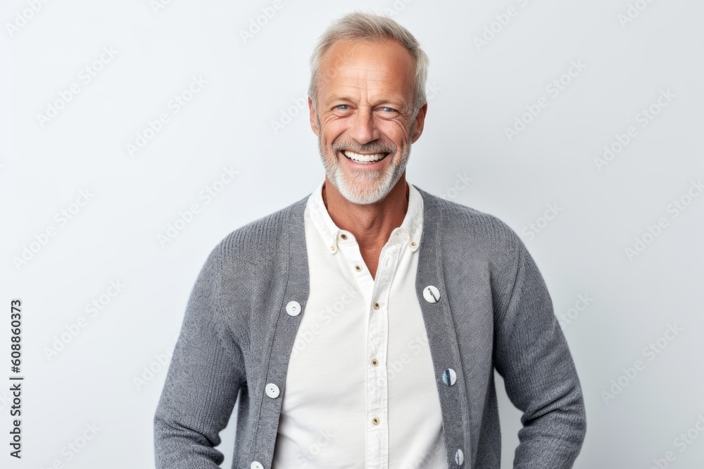 Portrait of happy senior man looking at camera and smiling while standing against white background