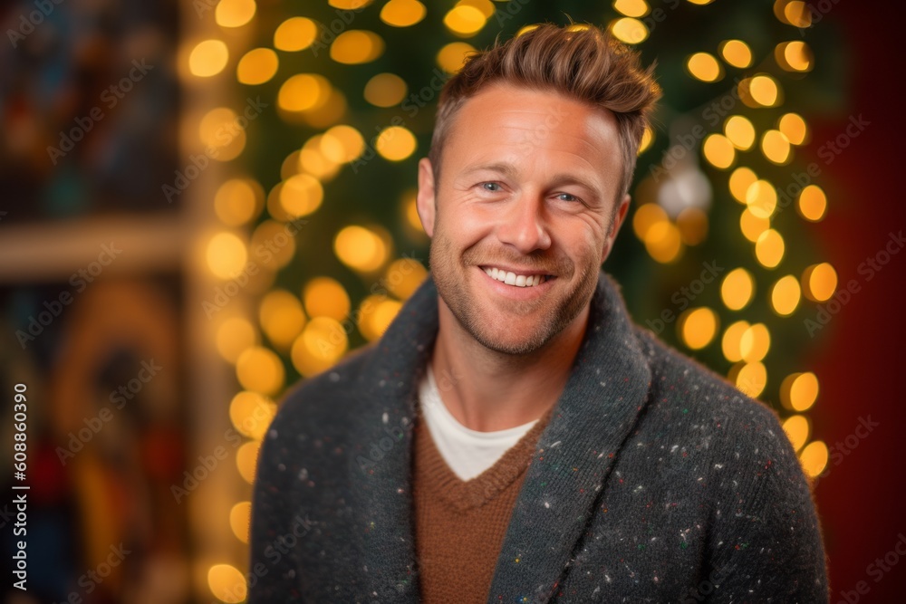 Obraz premium Portrait of a handsome young man in a warm coat on the background of a Christmas tree.