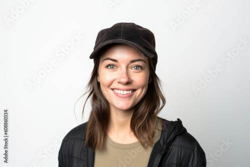 Smiling young woman wearing a cap and leather jacket on a white background