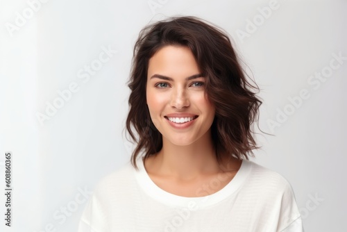 Medium shot portrait photography of a satisfied woman in her 30s that is wearing a simple tunic against a white background . Generative AI