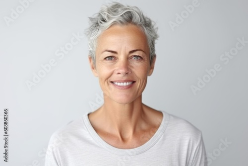 Portrait of smiling middle-aged woman looking at camera over white background