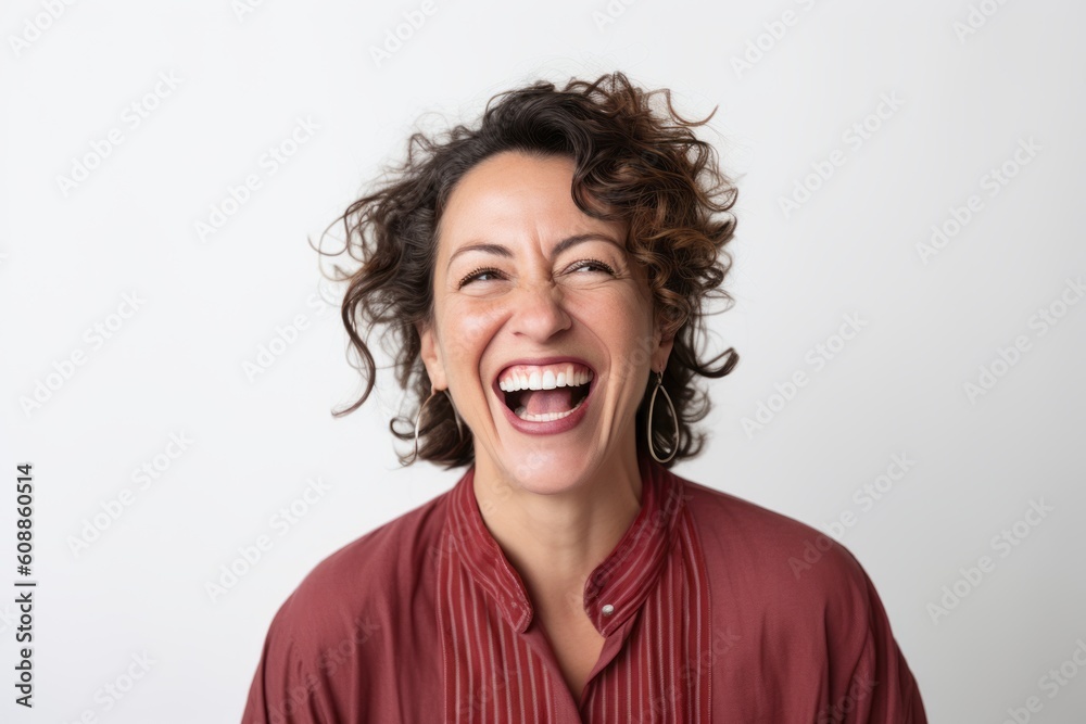 Portrait of a laughing woman with curly hair on white background.
