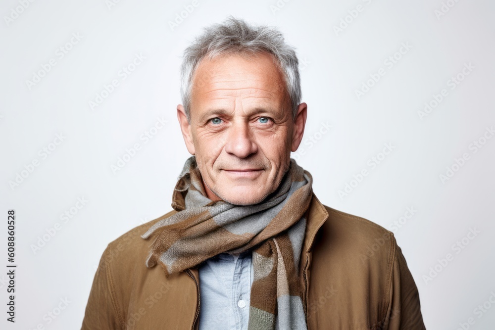 Portrait of a senior man with grey hair and scarf on white background Portrait of a senior man with grey hair and scarf on white background