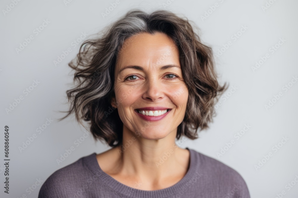 Portrait of smiling middle aged woman with curly hair against grey background Portrait of smiling middle aged woman with curly hair against grey background